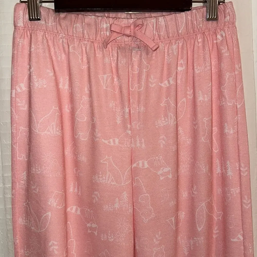 Eddie Bauer 14/16 L Kids Forest Animals Pink White Pajama Jogger Pants Bottom